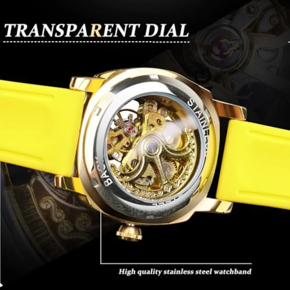 Men's Square Skeleton Automatic Watch, Stainless Steel Case, Leather Strap